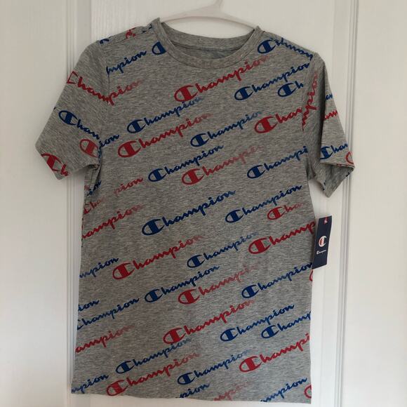 Champion Boys T-Shirt‎ Size Large Black Multi Spell-out Logo Short Sleeve NWT - Picture 1 of 9